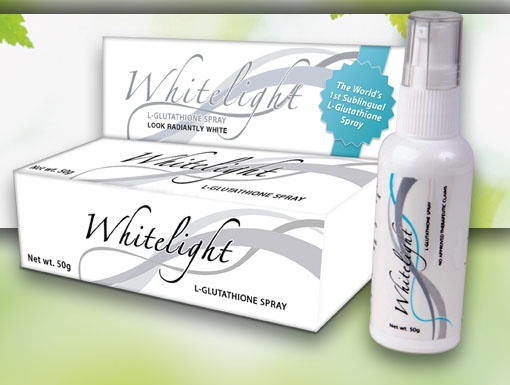 Whitelight glutathione sublingual spray bottle and box.